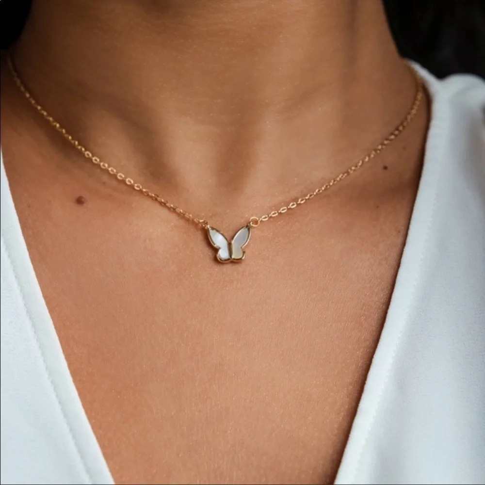 Gold Plated Mop Butterfly Dainty Necklace 42$